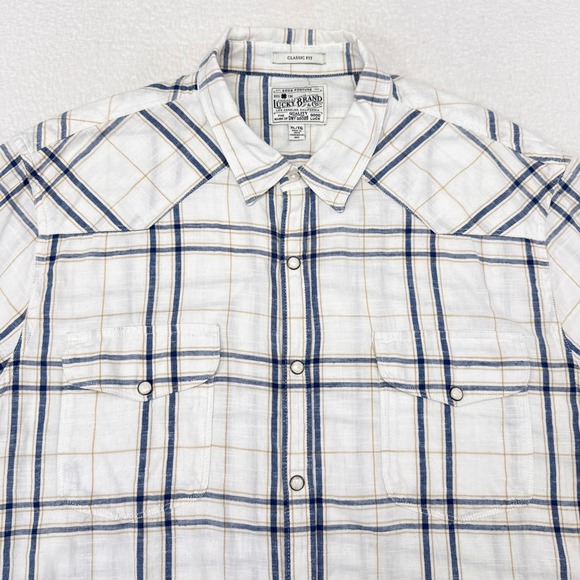 Lucky Brand Snap Button Shirt Mens XL White Blue Plaid Short Sleeve Button Down - Picture 3 of 9